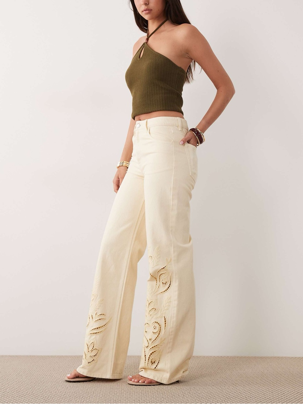 Mango Wide-Leg Butter Yellow Jeans with Embroidered Cutouts